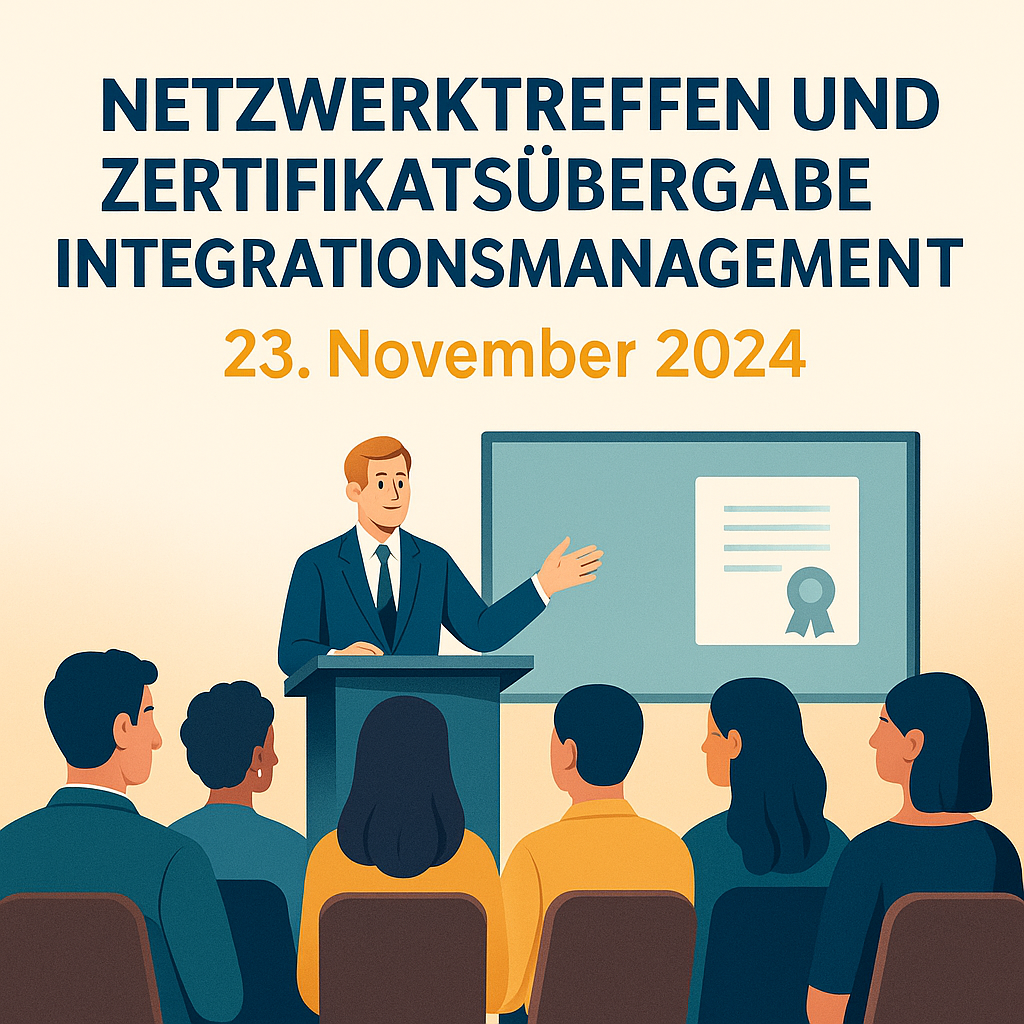 Illustration einer Fachkräfteveranstaltung mit internationalen Teilnehmenden im Historischen Rathaus Jena, organisiert im Rahmen des IQ Netzwerks Thüringen.